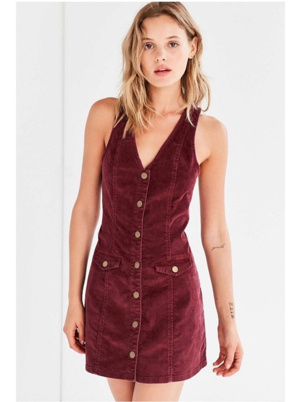 Cooperative Urban Outfitters Burgundy Corduroy Button-Front Jumper Mini Dress